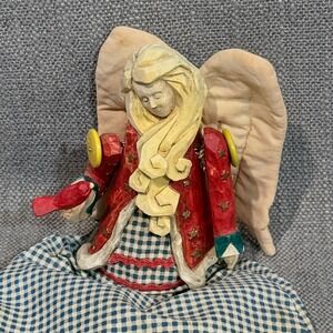 Folk Art Angel Christmas Tree Topper Wood Carved Gingham Skirt Red Bird 10.5in